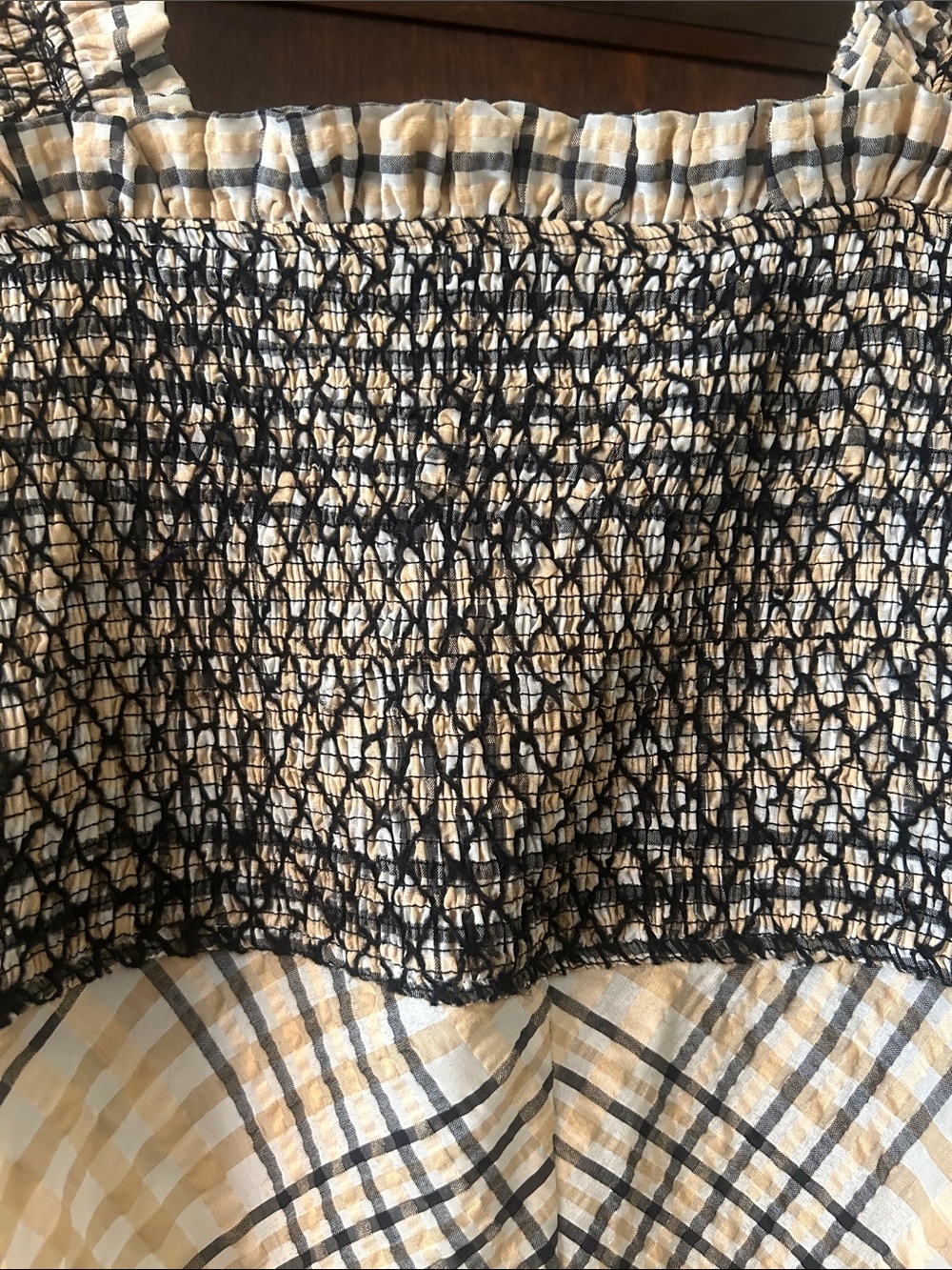GANNI Smocked Sundress in Beige and Black Plaid - Picture 3 of 14